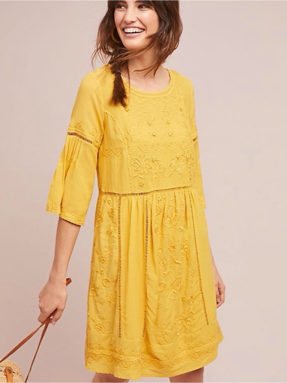 Anthropologie Akemi & skin Yellow Embroidered Long-Sleeve Dress